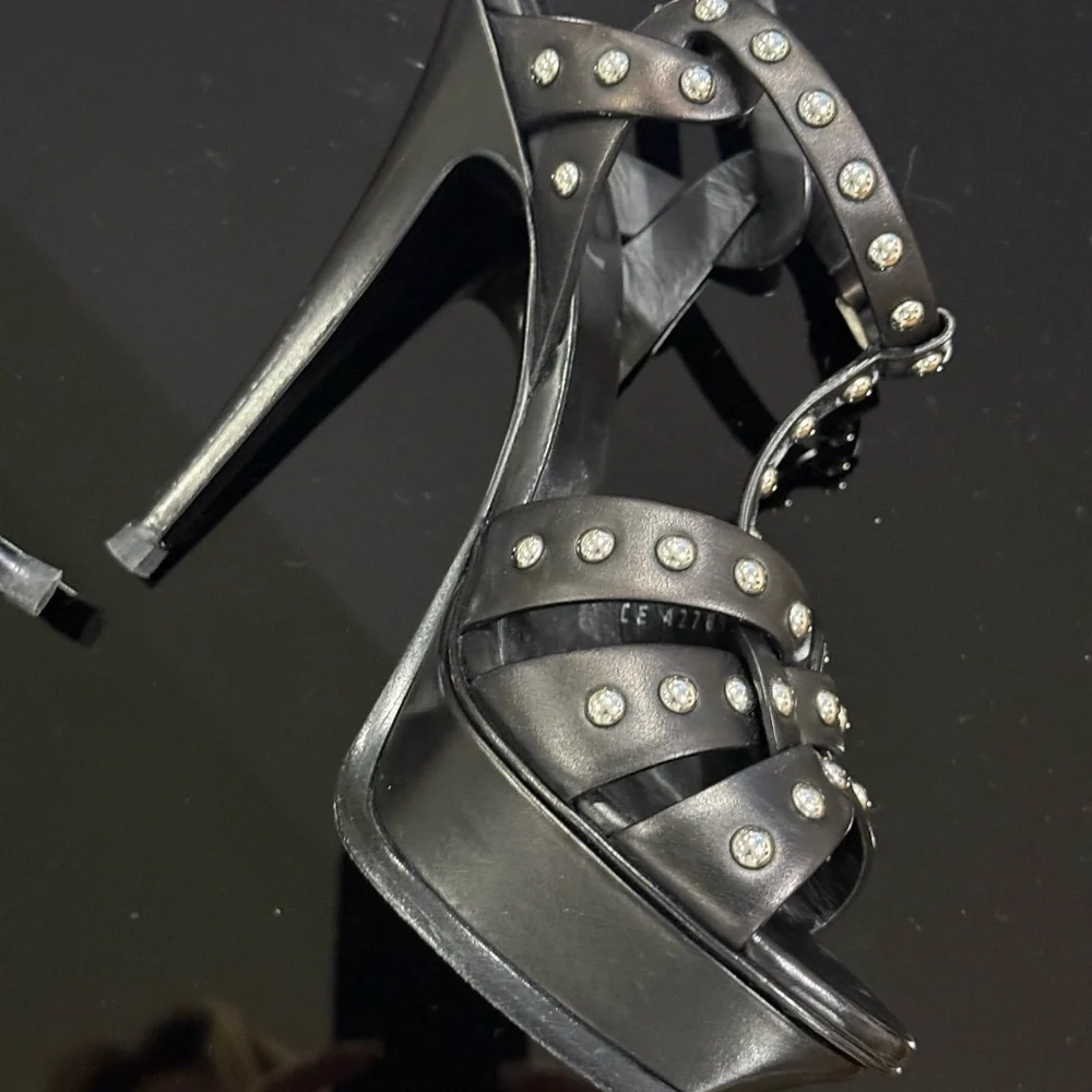 Saint Laurent TRIBUTE SILVER STUDDED Sandals RARE/ EUC - Picture 7 of 14